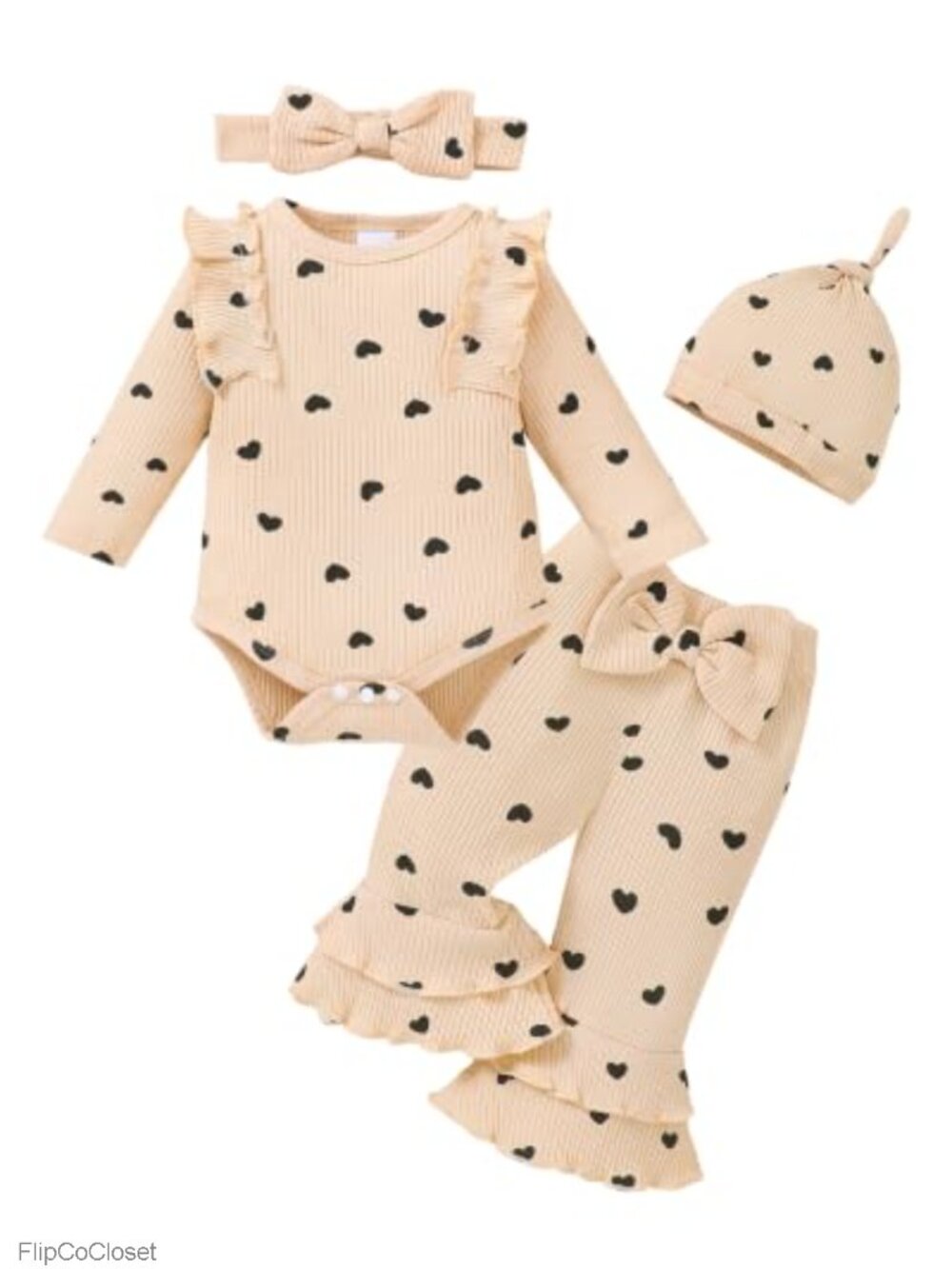 Newborn Baby Girl 4-Piece Ruffle Romper Bell Bottom Pants Set with Hat Headband
